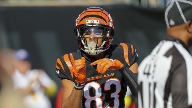 Oct 23, 2022; Cincinnati, Ohio, USA; Cincinnati Bengals wide receiver Tyler Boyd (83) reacts after scoring a touchdown against the Atlanta Falcons in the first half at Paycor Stadium. Mandatory Credit: Katie Stratman-USA TODAY Sports